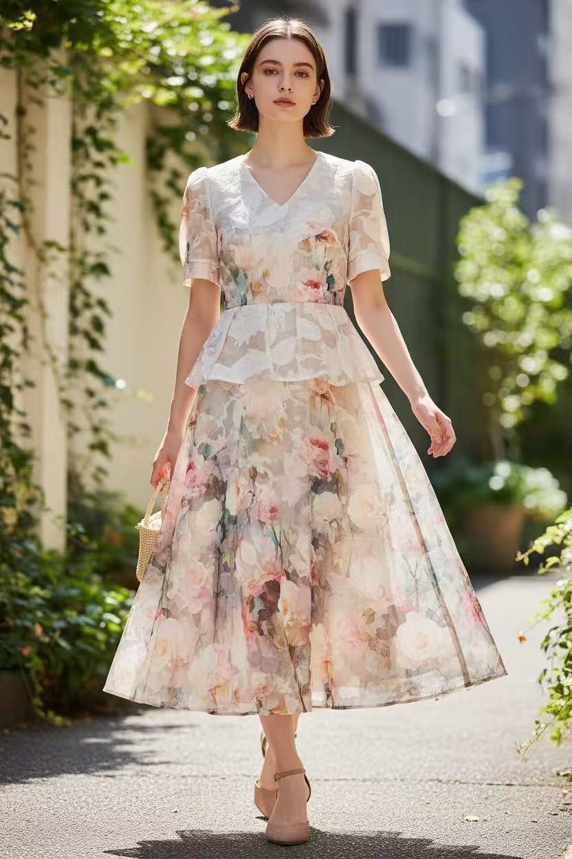 花柄 ペプラムワンピース