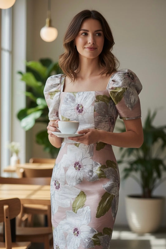 フラワー ぽわん袖タイトワンピース