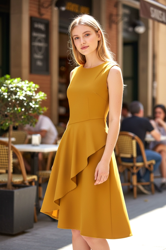 イエロー アシンメトリーレイヤードワンピース