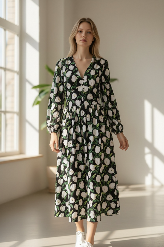 フラワー ボタンワンピース