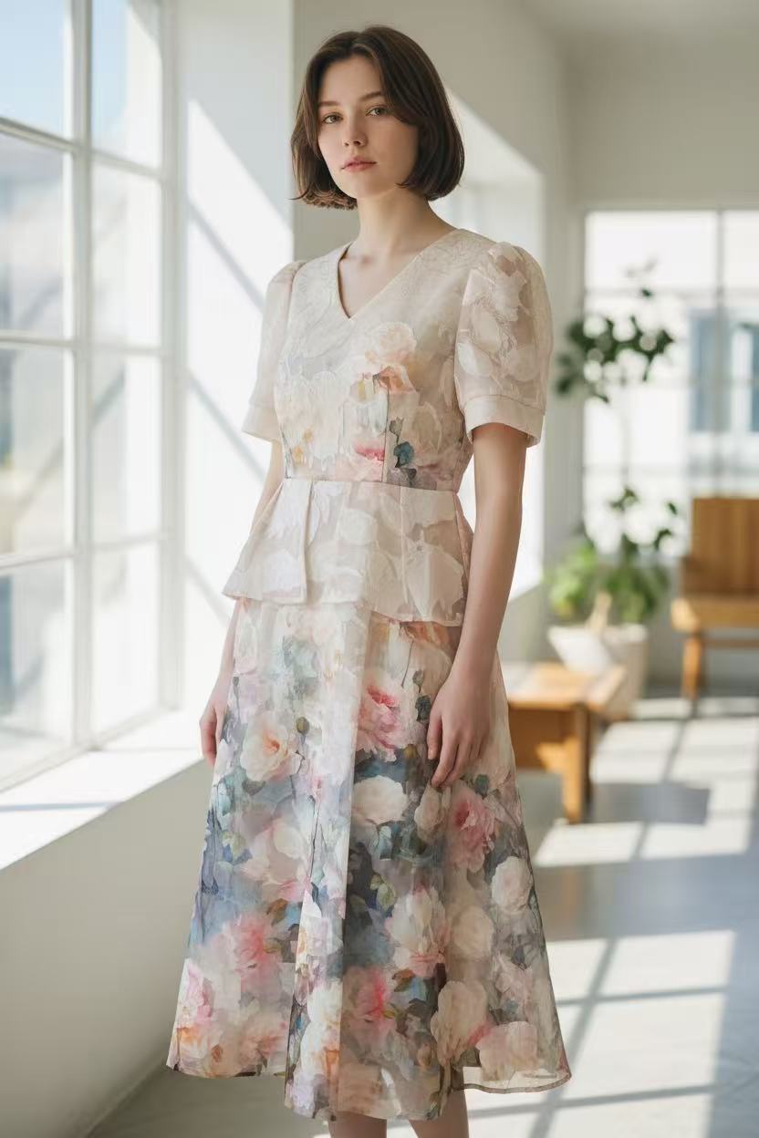 花柄 ペプラムワンピース